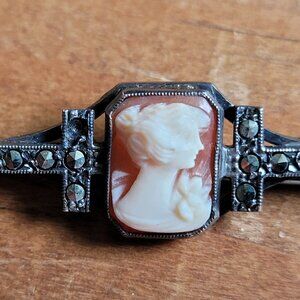 Antique Cameo Bar Brooch set in Sterling  Silver  FREE SHIP